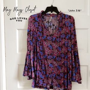 Free People Magic Mystery Tunic Purple Floral Belle Flowy Button Ruffle XS